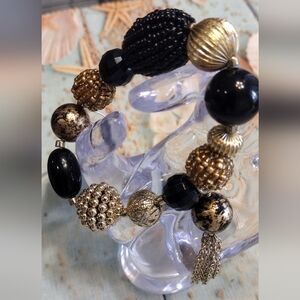 NWT Chico's Black and Gold Beaded Statement Bracelet With Tassle Holiday Wishes